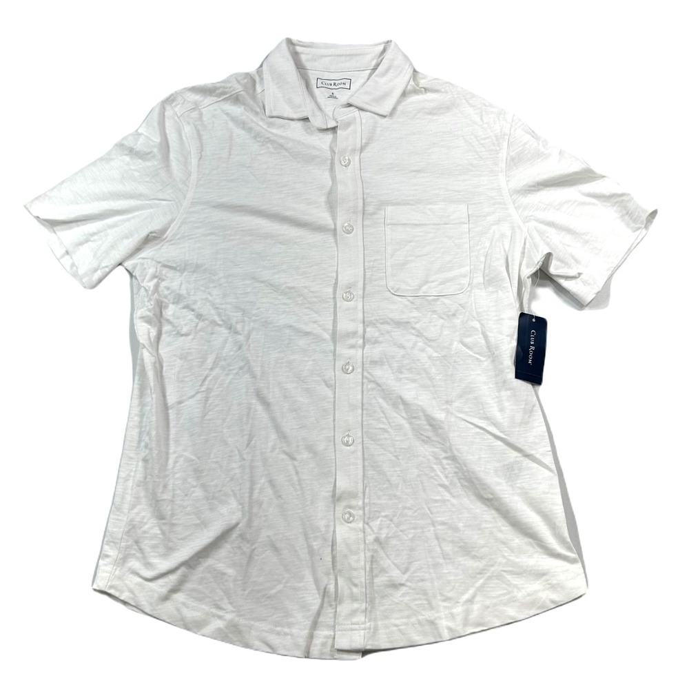 Club Room‎ Textured-Knit Shirt Mens Small Bright White Regular-Fit Cotton NEW